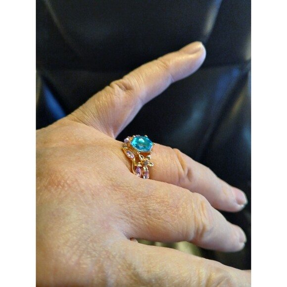 Blue Polygon Stone Ring Gold Band Flowers Lilac Size 8 - Picture 5 of 9